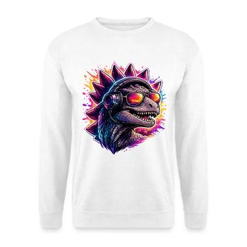 Dinosaurier DJ mit Kopfhörern im Neon Look - Unisex Pullover - Weiß - Vorne - Alina (178cm) & Michal (187cm)