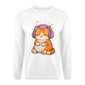 Kawaii Kitty – Süße orangefarbene Tigerkatze – Kopfhörer - Unisex Pullover - Weiß - Vorne - Alina (178cm) & Michal (187cm)
