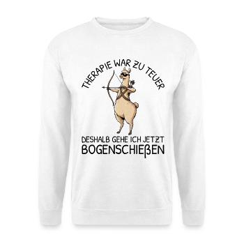 Bogensport Therapie war zu teuer Bogenschießen - Unisex Pullover - Weiß - Vorne - Alina (178cm) & Michal (187cm)
