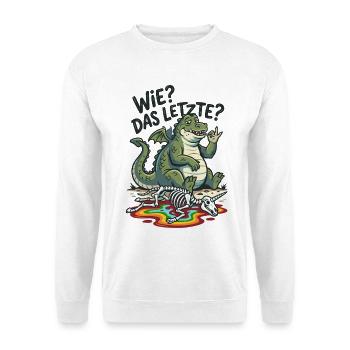 Wie? Das letzte? Cartoon Drache frisst Einhorn - Unisex Pullover - Weiß - Vorne - Alina (178cm) & Michal (187cm)