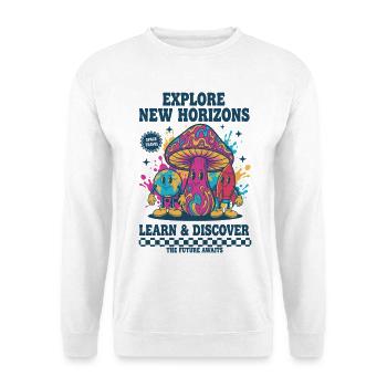 Entdecke New Horizons Trippy Mushroom Rave - Unisex Pullover - Weiß - Vorne - Alina (178cm) & Michal (187cm)