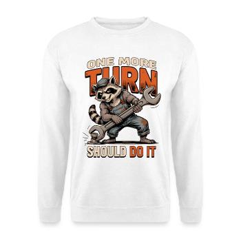 One More Turn Raccoon Handyman - Unisex Pullover - Weiß - Vorne - Alina (178cm) & Michal (187cm)