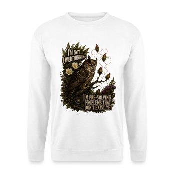 Overthinking Eule Grübel Humor für Introvertierte - Unisex Pullover - Weiß - Vorne - Alina (178cm) & Michal (187cm)