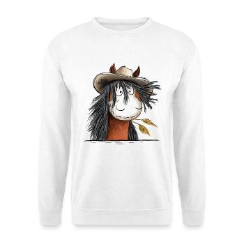 Westernpferd mit Strohhut - Unisex Pullover - Weiß - Vorne - Alina (178cm) & Michal (187cm)