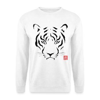 Japanese Tiger Kanji Minimal Art - Unisex Pullover - Weiß - Vorne - Alina (178cm) & Michal (187cm)