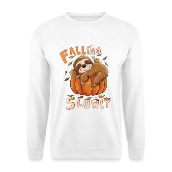 Falling Slowly Faultier Herbst Wortspiel Spruch  - Unisex Pullover - Weiß - Vorne - Alina (178cm) & Michal (187cm)