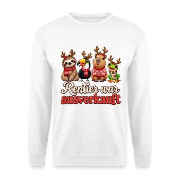 Rentier war ausverkauft – Weihnachtstiere - Unisex Pullover - Weiß - Vorne - Alina (178cm) & Michal (187cm)