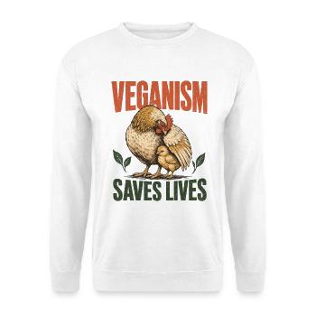 Veganismus Veganism Saves Lives Huhn Shirt - Unisex Pullover - Weiß - Vorne - Alina (178cm) & Michal (187cm)