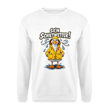 So’n Schietwetter – Lustige Möwe im Regen - Unisex Pullover - Weiß - Vorne - Alina (178cm) & Michal (187cm)