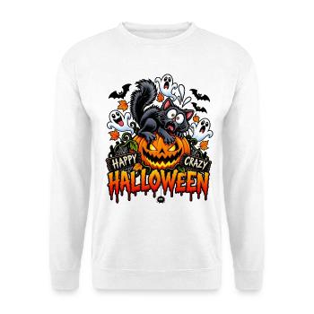 Lustiges Happy Crazy Halloween Motiv Kürbis Katze - Unisex Pullover - Weiß - Vorne - Alina (178cm) & Michal (187cm)
