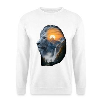 Lion Animal silhouette Mountains Sunset Waterfall - Unisex Pullover - Weiß - Vorne - Alina (178cm) & Michal (187cm)