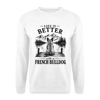 Französische Bulldogge Schwarz Life is Better - Unisex Pullover - Weiß - Vorne - Alina (178cm) & Michal (187cm)