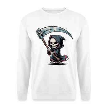 Sensenmann mit Sense Cartoon - Unisex Pullover - Weiß - Vorne - Alina (178cm) & Michal (187cm)