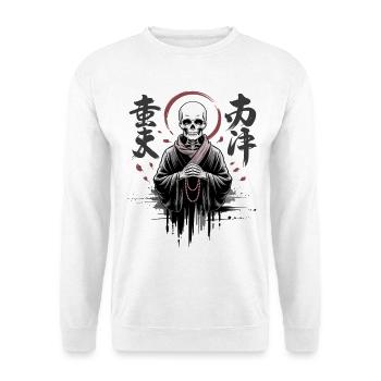 Dunkler Zen Mönch mit Totenkopf - Unisex Pullover - Weiß - Vorne - Alina (178cm) & Michal (187cm)