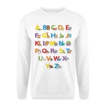 Tieralphabet: Bunte Tierbuchstaben - Unisex Pullover - Weiß - Vorne - Alina (178cm) & Michal (187cm)