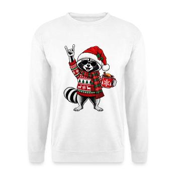 Rockiger Weihnachts Waschbär mit Glühwein - Unisex Pullover - Weiß - Vorne - Alina (178cm) & Michal (187cm)