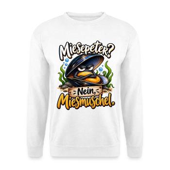 Miesepeter? Nein, Miesmuschel – Lustige Muschel  - Unisex Pullover - Weiß - Vorne - Alina (178cm) & Michal (187cm)