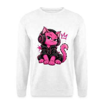 Neon Pinke Katze Y2K Streetwear Aesthetic - Unisex Pullover - Weiß - Vorne - Alina (178cm) & Michal (187cm)