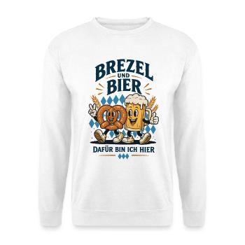 Brezel und Bier Dafür bin ich hier, bayerisch fest - Unisex Pullover - Weiß - Vorne - Alina (178cm) & Michal (187cm)