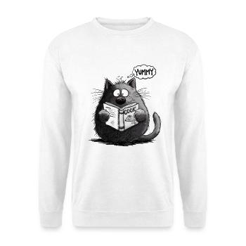Lustige Katze mit Kochbuch I Katzenmotiv Katzen  - Unisex Pullover - Weiß - Vorne - Alina (178cm) & Michal (187cm)