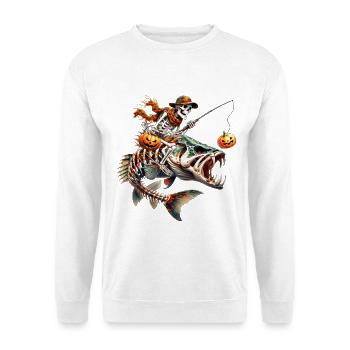 Skelettpirat auf Feuriger Monsterfisch - Unisex Pullover - Weiß - Vorne - Alina (178cm) & Michal (187cm)