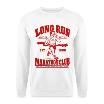 Long Run Marathon Club – Läufer mit Kaffee - Unisex Pullover - Weiß - Vorne - Alina (178cm) & Michal (187cm)