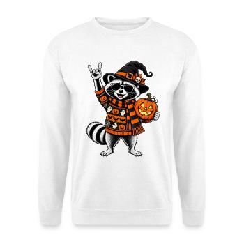 Halloween Waschbär mit Hexenhut & Kürbis - Unisex Pullover - Weiß - Vorne - Alina (178cm) & Michal (187cm)