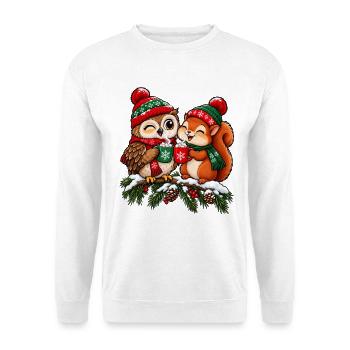 Weihnachten Eule Eichhörnchen Kakao Geschenk - Unisex Pullover - Weiß - Vorne - Alina (178cm) & Michal (187cm)