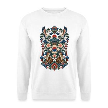 Südkorea | Tiger, Kraniche & Hanbok-Stil - Unisex Pullover - Weiß - Vorne - Alina (178cm) & Michal (187cm)