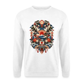 Japan | Fuji, Kraniche & Wellen - Unisex Pullover - Weiß - Vorne - Alina (178cm) & Michal (187cm)
