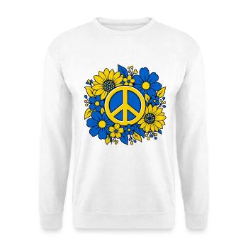 Ukraine Peace Zeichen mit Blumen Blau Gelb - Unisex Pullover - Weiß - Vorne - Alina (178cm) & Michal (187cm)