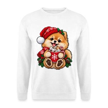 Zwergspitz mit Wintermütze & heißem Kakao - Unisex Pullover - Weiß - Vorne - Alina (178cm) & Michal (187cm)