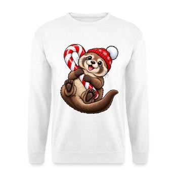 Süßer Otter mit Wintermütze & Zuckerstange - Unisex Pullover - Weiß - Vorne - Alina (178cm) & Michal (187cm)