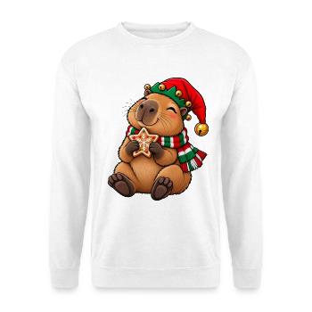 Süßes Capybara als Wichtel mit Lebkuchen - Unisex Pullover - Weiß - Vorne - Alina (178cm) & Michal (187cm)