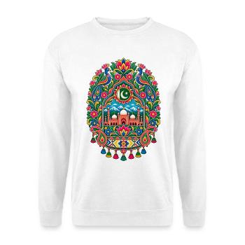 Pakistan | Pfauen, Moschee & Paisley - Unisex Pullover - Weiß - Vorne - Alina (178cm) & Michal (187cm)