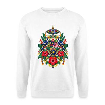 Malaysia | Hornvögel, Hibiskus & Wau - Unisex Pullover - Weiß - Vorne - Alina (178cm) & Michal (187cm)