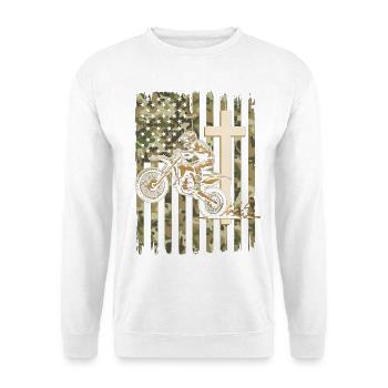 Patriotische Dirtbike-Tarnflagge - Unisex Pullover - Weiß - Vorne - Alina (178cm) & Michal (187cm)