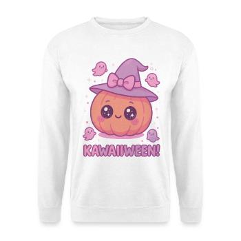 Kawaiiween Kürbishexe - Unisex Pullover - Weiß - Vorne - Alina (178cm) & Michal (187cm)