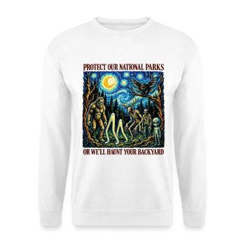 Kryptid Van Gogh schützt unsere Nationalparks - Unisex Pullover - Weiß - Vorne - Alina (178cm) & Michal (187cm)