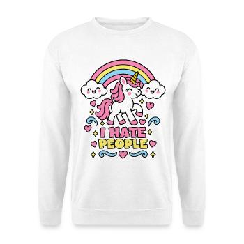 I Hate People – Einhorn Regenbogen - Unisex Pullover - Weiß - Vorne - Alina (178cm) & Michal (187cm)