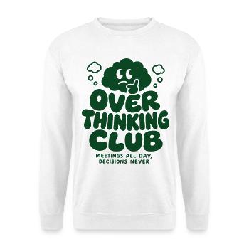 Over Thinking Club – Meetings All Day - Unisex Pullover - Weiß - Vorne - Alina (178cm) & Michal (187cm)