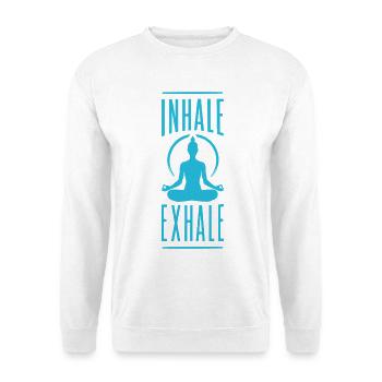 Inhale Exhale Yoga Meditation Spruch - Unisex Pullover - Weiß - Vorne - Alina (178cm) & Michal (187cm)