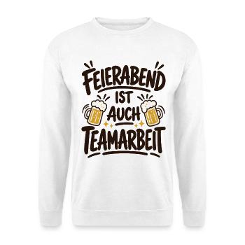 Feierabend ist auch Teamarbeit – Bierspruch - Unisex Pullover - Weiß - Vorne - Alina (178cm) & Michal (187cm)