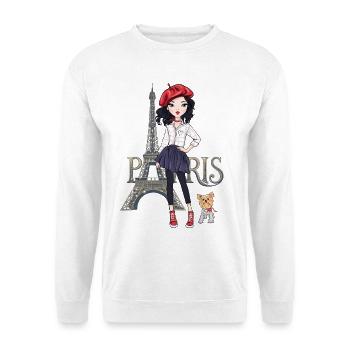 Paris Mode Mädchen mit Hund & Eiffelturm - Unisex Pullover - Weiß - Vorne - Alina (178cm) & Michal (187cm)