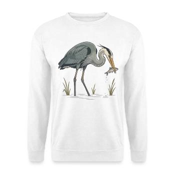 Blaureiher beim Fischfang - Unisex Pullover - Weiß - Vorne - Alina (178cm) & Michal (187cm)