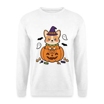 Süßes Kawaii-Corgi-Kürbis-Hexenhut-Halloween-Geschenk - Unisex Pullover - Weiß - Vorne - Alina (178cm) & Michal (187cm)