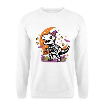 Skelett-Dinosaurier hält Kürbiskorb Halloween - Unisex Pullover - Weiß - Vorne - Alina (178cm) & Michal (187cm)