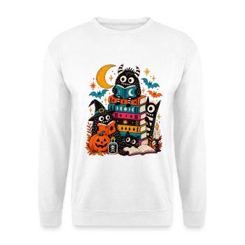 Halloween Büchermonster | Lesen & Gruselspaß - Unisex Pullover - Weiß - Vorne - Alina (178cm) & Michal (187cm)