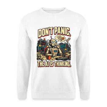 KI Humor – Don't Panic, The AI Is Thinking - Unisex Pullover - Weiß - Vorne - Alina (178cm) & Michal (187cm)