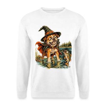 Halloween Bulldogge Hexenhut Angelhund für Angler - Unisex Pullover - Weiß - Vorne - Alina (178cm) & Michal (187cm)